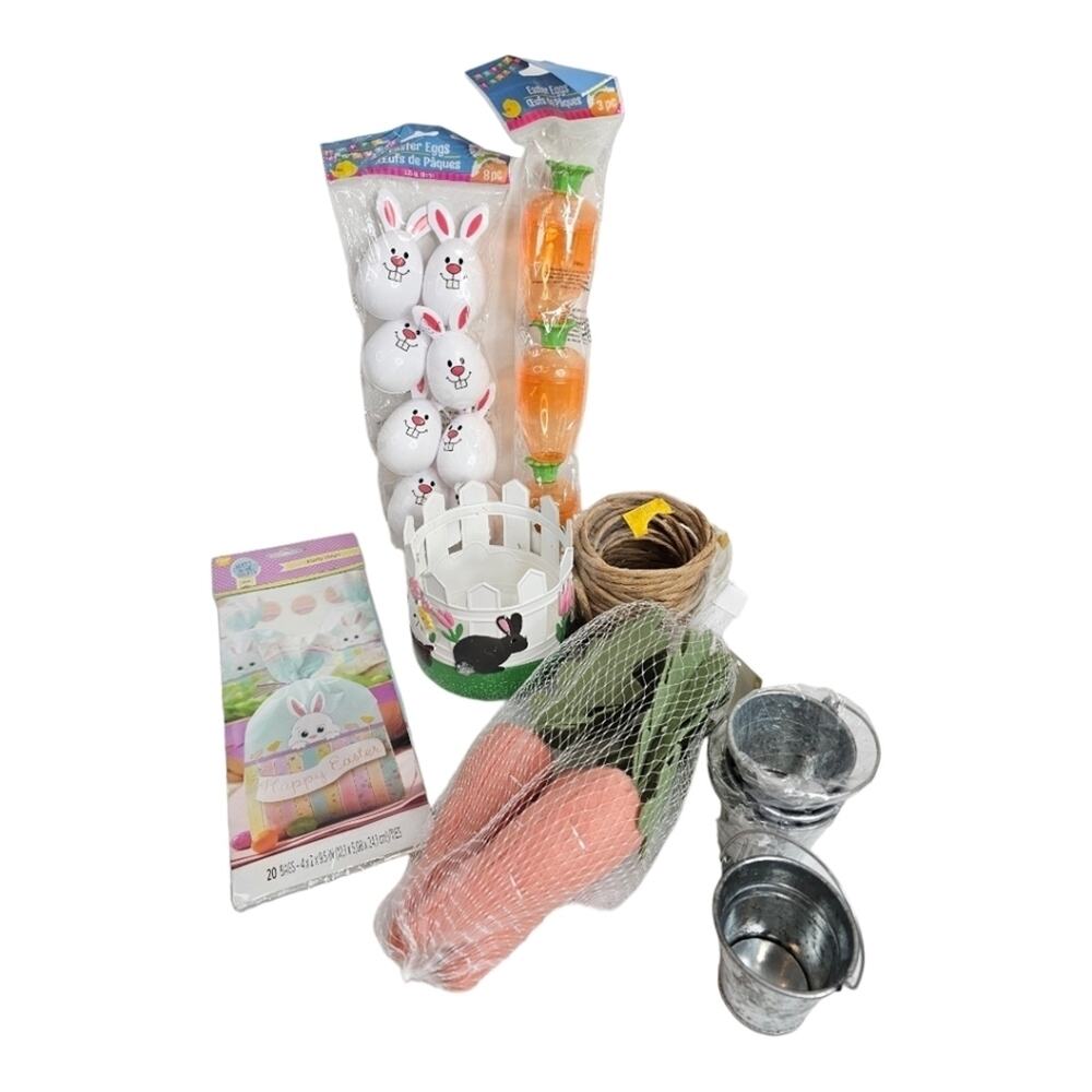 Spring and Easter Candle Holder, Candy Bags, Carrot and Bunny Eggs Plus Pails